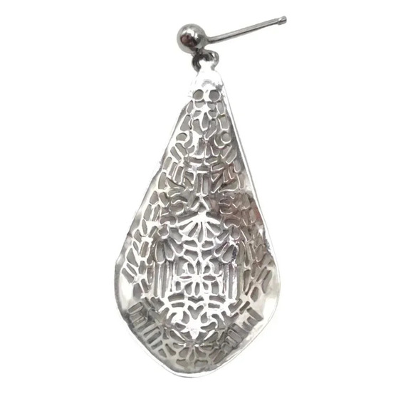 Teardrop Filigree Dangle Drop Earrings Silver Tone Vintage - Picture 3 of 4